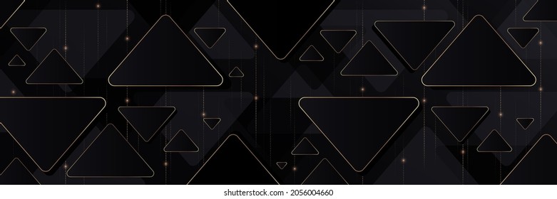 Abstract modern dark blue geometric shapes background with glitter golden dotted lines decoration. Luxury and elegant triangle shapes texture creative design. Rounded corner triangle patterns