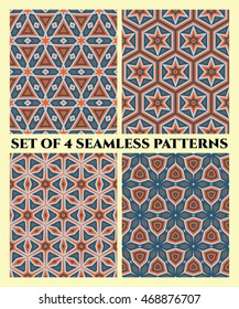 Abstract modern decorative geometrical seamless patterns of different shapes in blue, grey and orange shades
