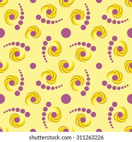 Abstract modern decorative seamless pattern with lavender and yellow circle and twirl elements on light yellow background