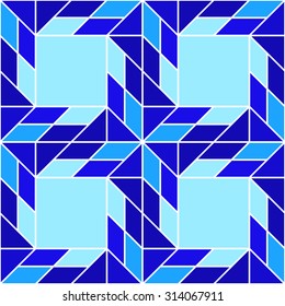 Abstract modern decorative seamless pattern with different geometrical shapes of blue, azure and white shades