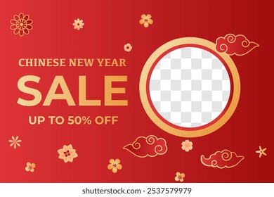 Abstract modern design of Chinese New Year Banner. Traditional lanterns with clouds on red background. Golden celebration text with discount ad.