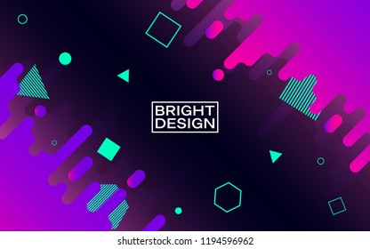 Abstract modern design. Color shapes in space. Bright geometric elements on dark background. Trendy colorful composition. Backdrop for flyers and brochures. Vector illustration.