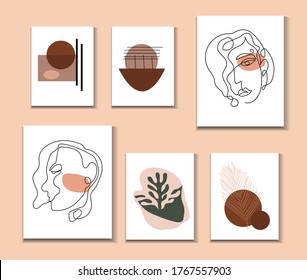 Abstract modern design element, geometric shapes and one line faces of women. Minimalism trend style. Vector illustration
