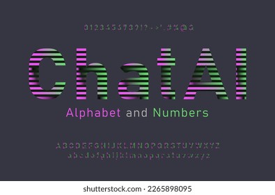 Abstract modern digital font and alphabet with neon stripes. AI technology. Vector lphabet letters, signs, symbols and numbers
