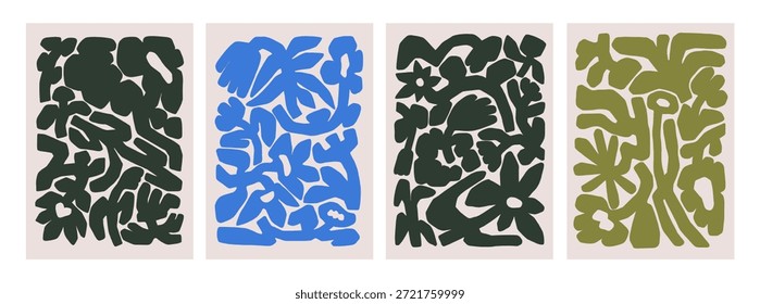 Abstractas conjunto de pósters doodle modernos con patrón floral, Formas de flores y hojas, formas irregulares ásperas, texturas. Tarjetas caprichosas de la naturaleza, fondos de Vertical. Ilustraciones vectoriales planas modernas