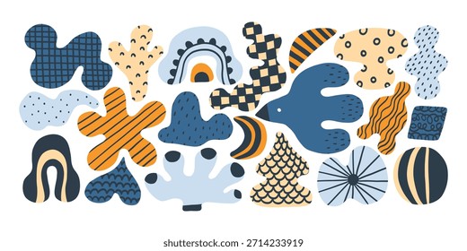 Abstract modern doodle shape round form set . Liquid organic blob curve doodle shape figure. Abstract liquid bubble, wavy different form for design, scrapbooking. Soft round oval pattern background.