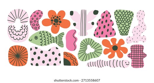 Abstrato moderno dopamina forma orgânica forma redonda set. Figura de forma de doodle de curva de blob orgânico líquido. Bolha líquida abstrata, forma ondulada diferente. Fundo de padrão oval redondo suave. Vetor.