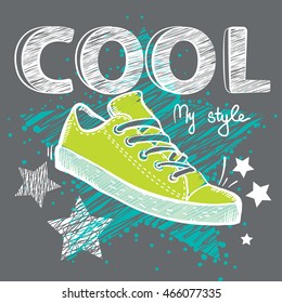 Abstract modern drawing with sketch drawing sport shoes on grey grunge background with shape stars and cool word. Creative design t short,  clothes. Wallpaper for boys and girls.