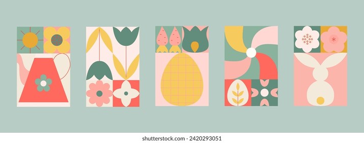 Abstrakte moderne geometrische Osterkarten, Banner. Frühling, Osterpostkarten mit Blumen, sonnig, rosafarben.