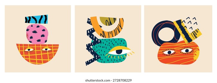 Faces modernas abstratas com formas geométricas e conjunto de vetor de olhos surreais