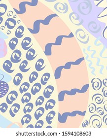 Abstract modern fashion vector illustration. Creative Doodle art background with different shapes and textures. Perfect for wrapping paper, card, poster, cover, invitation, brochure, label.