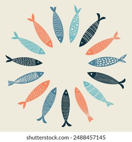 Abstract and modern fish model in circular or ball shape. Vector illustration for logos, cards, prints, patterns, wallpaper