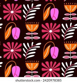 Abstract modern floral and botanical elements in a seamless pattern. Square geometric prints of tulip, leaf, flower, daisy in trendy style