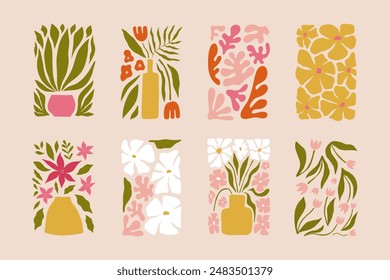 Abstract modern floral posters. Trendy hand drawn flowers infantile style. Decorative contemporary botanical elements. Vector naive art print. Retro boho illustration