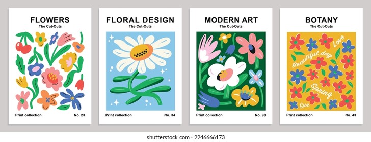 Abstract modern floral posters for wall decoration. Botanical set in flat minimalist style. Contemporary art collection. Decorative flowers and leaves. Vector elements isolated on a white background.