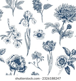 Resumen de diseño floral floral moderno sin fisuras con flor dibujada a mano al estilo Toile de jouy. Repetición de la elegancia retro. Diseño vintage para tela, papel pintado o envoltura