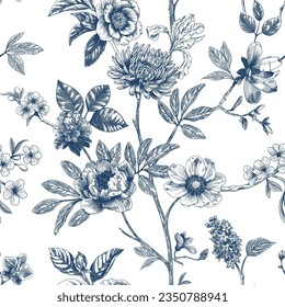 Resumen de diseño floral floral moderno sin fisuras con flor dibujada a mano al estilo Toile de jouy. Repetición de la elegancia retro. Diseño vintage para tela, papel pintado o envoltura