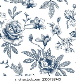 Abstract modern floral seamless pattern with hand drawn flower in Toile de jouy style. Retro elegance repeat print. Vintage design for fabric, wallpaper or wrapping