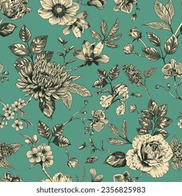 Abstract modern floral seamless pattern with hand drawn flower in Toile de jouy style. Retro elegance repeat print. Vintage design for fabric, wallpaper or wrapping