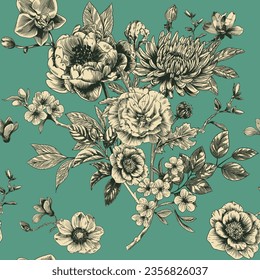 Abstract modern floral seamless pattern with hand drawn flower in Toile de jouy style. Retro elegance repeat print. Vintage design for fabric, wallpaper or wrapping