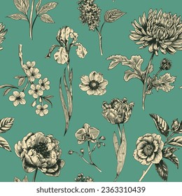 Resumen de diseño floral floral moderno sin fisuras con flor dibujada a mano al estilo Toile de jouy. Repetición de la elegancia retro. Diseño vintage para tela, papel pintado o envoltura