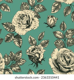 Abstract modern floral seamless pattern with hand drawn flower in Toile de jouy style. Retro elegance repeat print. Vintage design for fabric, wallpaper or wrapping