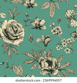 Abstract modern floral seamless pattern with hand drawn flower in Toile de jouy style. Retro elegance repeat print. Vintage design for fabric, wallpaper or wrapping