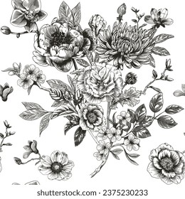 Abstract modern floral seamless pattern with hand drawn flower in Toile de jouy style. Retro elegance repeat print. Vintage design for fabric, wallpaper or wrapping