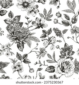 Resumen de diseño floral floral moderno sin fisuras con flor dibujada a mano al estilo Toile de jouy. Repetición de la elegancia retro. Diseño vintage para tela, papel pintado o envoltura