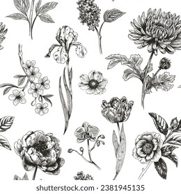 Abstract modern floral seamless pattern with hand drawn flower in Toile de jouy style. Retro elegance repeat print. Vintage design for fabric, wallpaper or wrapping