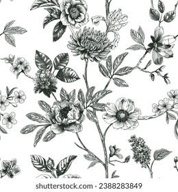 Abstract modern floral seamless pattern with hand drawn flower in Toile de jouy style. Retro elegance repeat print. Vintage design for fabric, wallpaper or wrapping