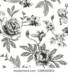 Resumen de diseño floral floral moderno sin fisuras con flor dibujada a mano al estilo Toile de jouy. Repetición de la elegancia retro. Diseño vintage para tela, papel pintado o envoltura