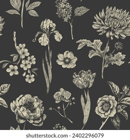 Abstract modern floral seamless pattern with hand drawn flower in Toile de jouy style. Retro elegance repeat print. Vintage design for fabric, wallpap