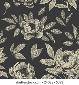 Abstract modern floral seamless pattern with hand drawn flower in Toile de jouy style. Retro elegance repeat print. Vintage design for fabric, wallpap