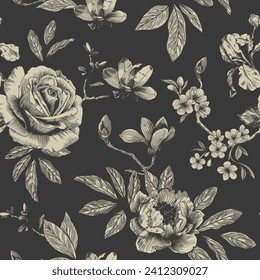 Abstract modern floral seamless pattern with hand drawn flower in Toile de jouy style. Retro elegance repeat print. Vintage design for fabric, wallpaper or wrapping