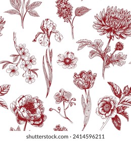 Abstract modern floral seamless pattern with hand drawn flower in Toile de jouy style. Retro elegance repeat print. Vintage design for fabric, wallpaper or wrapping