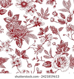 Abstract modern floral seamless pattern with hand drawn flower in Toile de jouy style. Retro elegance repeat print. Vintage design for fabric, wallpaper or wrapping