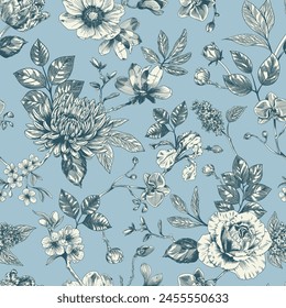 Abstract modern floral seamless pattern with hand drawn flower in Toile de jouy style. Retro elegance repeat print. Vintage design for fabric, wallpaper or wrapping