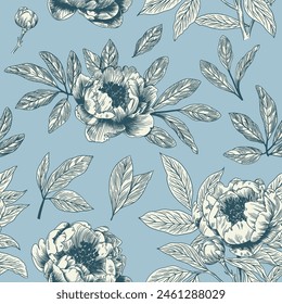 Abstract modern floral seamless pattern with hand drawn flower in Toile de jouy style. Retro elegance repeat print. Vintage design for fabric, wallpaper or wrapping