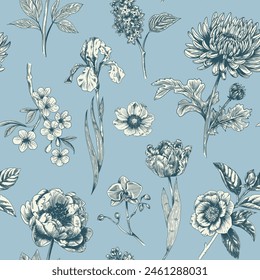 Abstractas patrón floral moderno sin costuras con flores dibujadas a mano en estilo Toile de jouy. Retro elegancia repetición de impresión. Diseño de Antiguas para tela, Fondo de pantalla o envoltura