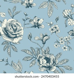 Abstraktes modernes florales nahtloses Muster mit handgezeichneter Blume im Toile-de-Jouy-Stil. Retro Eleganz Wiederholungsdruck. Klassisches Design für Stoff, Bildschirmhintergrund oder Verpackung