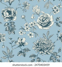 Abstract modern floral seamless pattern with hand drawn flower in Toile de jouy style. Retro elegance repeat print. Vintage design for fabric, wallpaper or wrapping