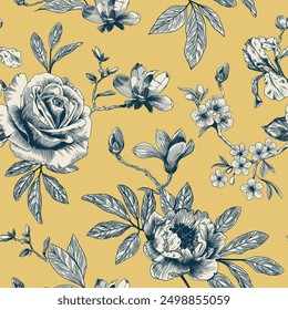 Abstraktes modernes florales nahtloses Muster mit handgezeichneter Blume im Toile de Jouy Stil. Wiederholungsdruck mit Retro-Eleganz Vintage-Design für Stoff, Tapete oder Verpackung