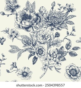 Abstract modern floral seamless pattern with hand drawn flower in Toile de jouy style. Retro elegance repeat print. Vintage design for fabric, wallpaper or wrapping