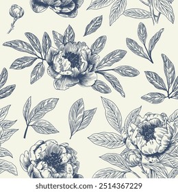 Abstract modern floral seamless pattern with hand drawn flower in Toile de jouy style. Retro elegance repeat print. Vintage design for fabric, wallpaper or wrapping