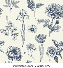 Abstraktes modernes florales nahtloses Muster mit handgezeichneter Blume im Toile de Jouy Stil. Wiederholungsdruck mit Retro-Eleganz Vintage-Design für Stoff, Tapete oder Verpackung