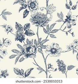 Abstract modern floral seamless pattern with hand drawn flower in Toile de jouy style. Retro elegance repeat print. Vintage design for fabric, wallpaper or wrapping