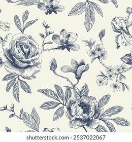 Abstractas patrón floral moderno sin fisuras con la flor dibujada a mano en estilo Toile de jouy. Repetir impresión de elegancia retro. Diseño de Antiguas para tela, Fondo de pantalla o envoltura