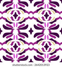 Abstract Modern Floral Seamless Pattern. A stylish seamless pattern featuring abstract floral and organic shapes in shades of purple, magenta, and yellow on a white background. 