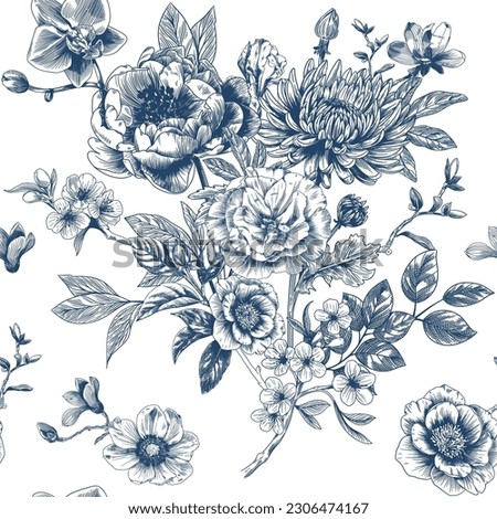 Abstract modern floral seamless pattern with hand drawn flower in Toile de jouy style. Retro elegance repeat print. Vintage design for fabric, wallpaper or wrapping Stock foto © 